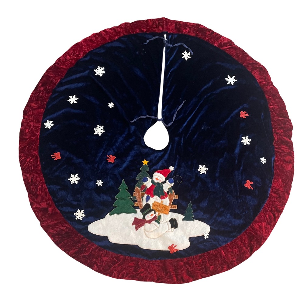 Vintage Snowman Christmas Tree Skirt Velvet Blue Red Holiday Decor Applique